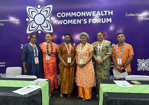 Hon. Lenora Qereqeretabua and other panellists speaking at the Commonwealth Women's Forum