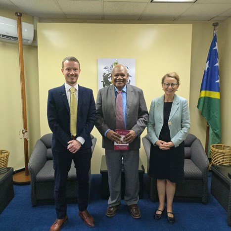 The Speaker of the National Parliament of Solomon Islands, Hon. Patteson John Oti, with Beverly Duffy and Fraser McInt